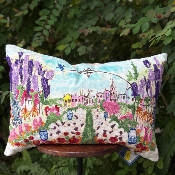 Southern Living Colorful Coastal Village Embroidered Pillow - Picture 1 of 8